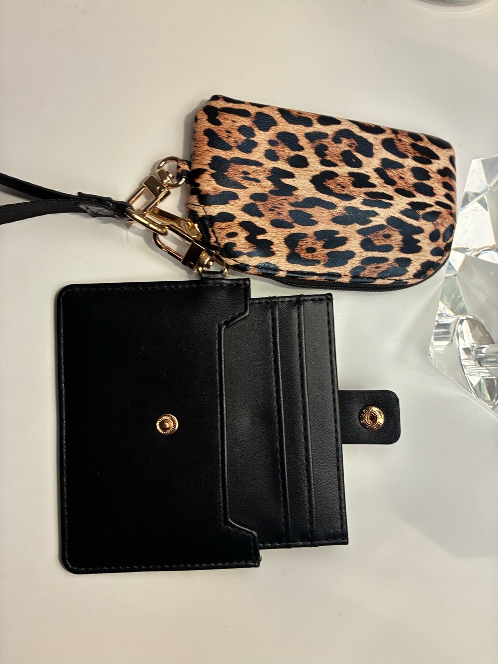 Leopard Wristlet Coin Pouch with Black Card Wallet